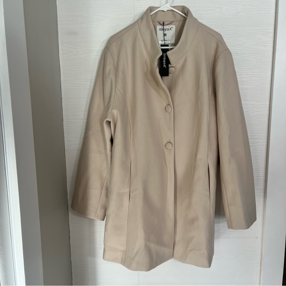 Allegra K | Mid-Length Stand Collar Single Breasted Peacoat | Beige | XXXL NWT